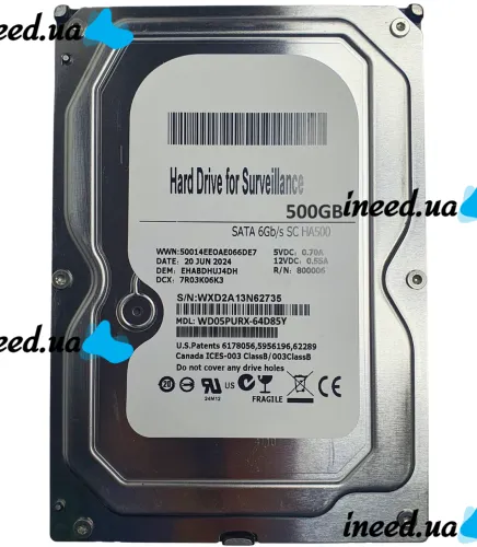 Hard Disc WD05PURX-64D85Y 500GB HDD SATAIII 3.5" Internal HDD for PC, Universal 64MB HDD for PC