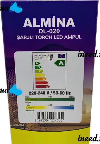 Аварийная светодиодная LED лампа Almina DL-020 с цоколем E27 и встроенным аккумулятором 20W 6500K энергосберегающая перезаряжаемая лампочка DL020