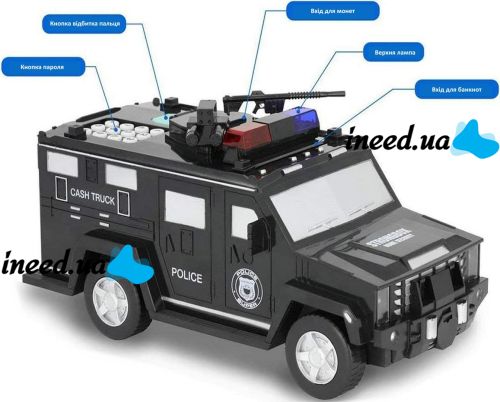 Дитяча скарбничка сейф у вигляді машинки G63 купюроприймач, банкомат, електронна поліцейська машинка для грошей з кодовим замком і відбитком пальця