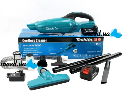 Акумуляторний пилосос Makita HVC5050 36V 5Ah з насадками, Бездротовий пилосос Макіта з 2 акумуляторами 2 режими швидкості для авто і дому Синій