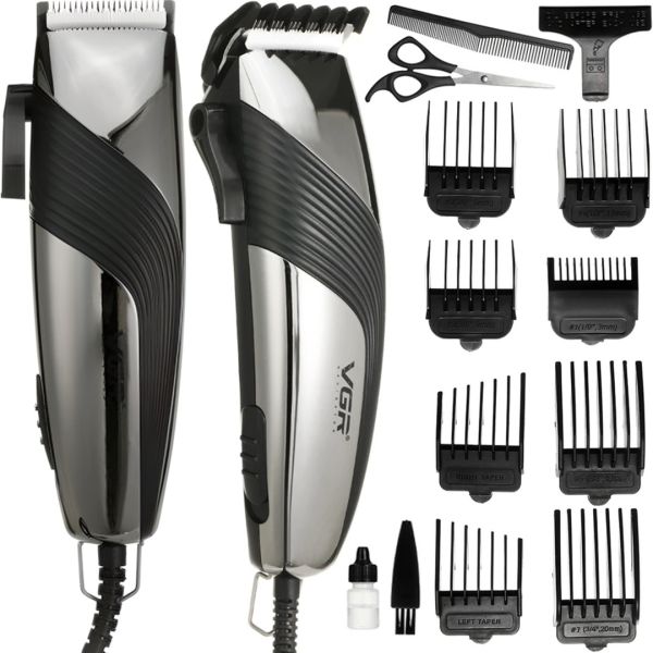 VGR V-121 corded mains powered hair and beard trimmer, professional trimmer with a set of ceramic detachable trimmer attachments V121