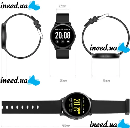 Wrist Smart Watch KW19 Black 44mm with Pressure Measurement and Fitness Tracker Smart Bluetooth Watch with Heart Rate Monitor IP67 Black