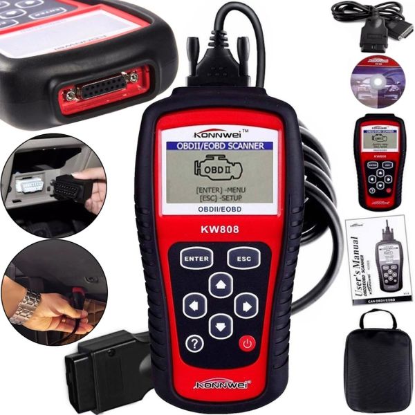 Автомобильный сканер OBDII/EOBD Konnwei KW808 для диагностики ошибок двигателя, универсальный диагностический автосканер с LCD дисплеем ELM327