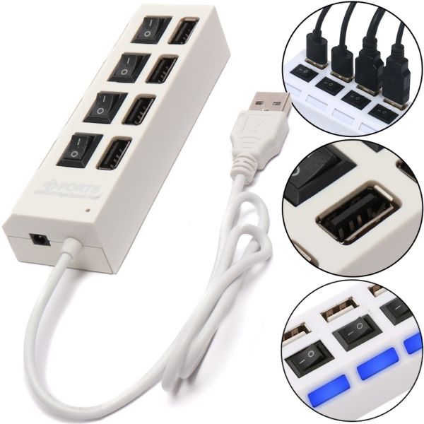 USB хаб Memos на 4 порта с переключателями White, питание от USB 2.0 разветвитель с кнопками on off концентратор переходник HUB 480 Мбит 5В Белый