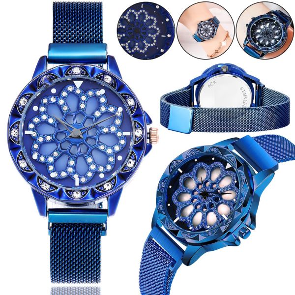 Женские наручные часы Flower Diamond Rotation Watch Blue WJ-8052 с вращающимся круглым роторным циферблатом и ремешком на магнитной застежке Синие
