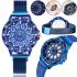 Women's Flower Diamond Rotation Watch Blue WJ-8052 Wristwatch with Rotating Round Rotor Dial and Magnetic Clasp Strap Blue