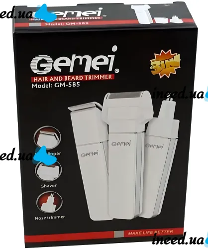 Бездротова машинка для стрижки волосся Gemei GM-585 3 в 1 акумуляторна бритва, тример для окантовки бороди і вусів зі змінними насадками Geemy