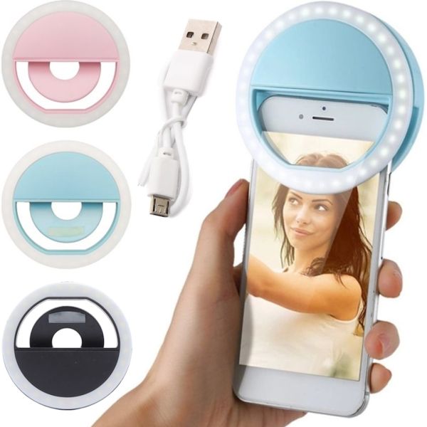 Светодиодное LED селфи кольцо Selfie Ring Light XL-191 8.5 см световая подсветка для фото лампа на телефон Android IOS Голубое, Розовое, Черное