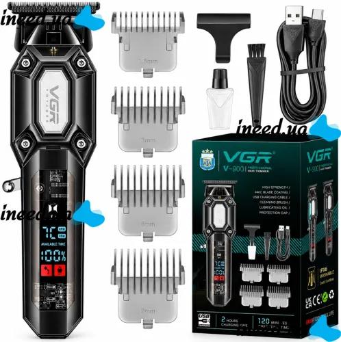 VGR V-900 5W Cordless Hair Clipper—a cordless men's trimmer for trimming beards and mustaches, featuring interchangeable attachments and a USB display