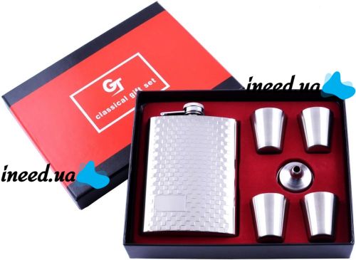 Gift men's set flask with stacks of Silver Gap GT-21-1 6 in 1 set, a 240 ml alcohol flask, a watering can and 4 30 ml stainless steel glasses