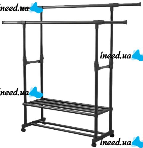Подвійна телескопічна стійка Double Rack для зберігання одягу та взуття на коліщатках Підлогова пересувна вішалка 155х42х76см до 40кг Чорна