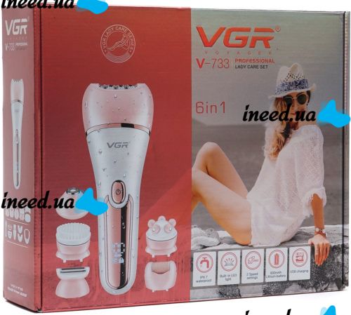 Wireless Epilator VGR V-733 6 in 1 5W Rechargeable Female Depilator with Backlight for Facial and Body Hair Removal with USB Nozzles Pink