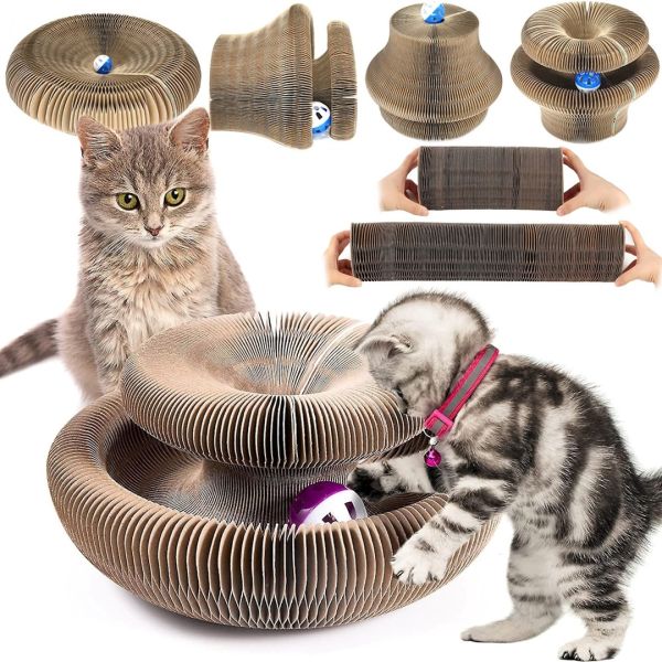 Когтеточка лежанка для кошек Cat Scratching Board 2 в 1 напольная складная игрушка с мячиком для игры из гофрокартона, раскладной волшебный орган