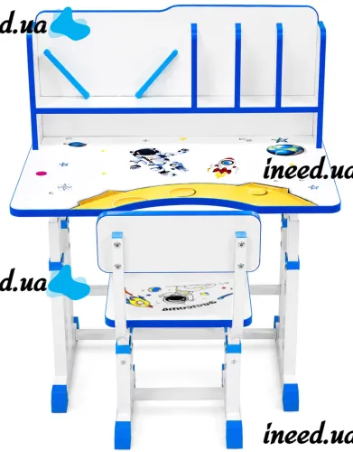 Bambi JU-5129 Convertible Children's Desk and Chair Set—Height-Adjustable Desk and Chair with Shelves and Backpack Holder, 26X-156, Blue