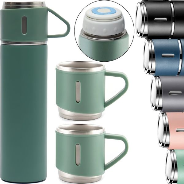 Подарочный набор термос Vacuum Flask Tea Set с вакуумной изоляцией 500 мл с 3 кружками Бокс с термокружкой и чашками из нержавеющей стали