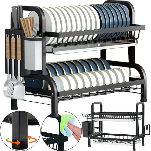 Двухъярусная настольная сушилка для сушки и хранения посуды Double layered bowl rack LY-620, Стойка органайзер на 2 яруса со съемным поддоном Черная