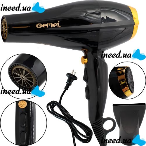 Профессиональный фен Gemei GM-1765 2800W для сушки и укладки волос, Электрический фен с холодным обдувом и концентратором 3 скорости 2800Вт Черный