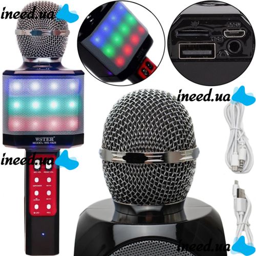 Бездротовий караоке мікрофон WSTER WS - 1828 Bluetooth USB AUX FM з вбудованою колонкою і 4 тембрами голосу на акумуляторі з динаміком Ws1828 Чорний