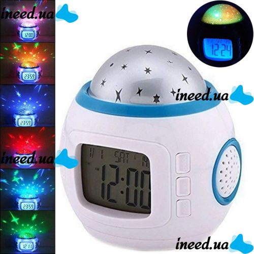 Настільний годинник-проектор Music And Starry Sky Calendar 1038 з LED підсвічуванням, музичний нічник проектор зоряного нічного неба світильник білий