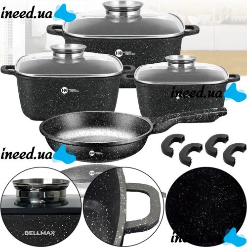 Кухонний набір посуду Bellmax Cookware Set BM - 132 3 казана і сковорода для приготування їжі , каструлі з кришками і гранітним покриттям 9 предметів