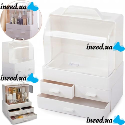 Настільний органайзер для зберігання косметики Cosmetic Storage Box GW-880 косметична поличка 4 секції з висувними ящиками і ручкою Біла