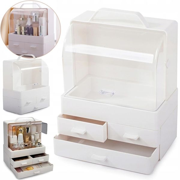 Настольный органайзер для хранения косметики Cosmetic Storage Box GW-880 косметическая полочка 4 секции с выдвижными ящиками и ручкой Белая