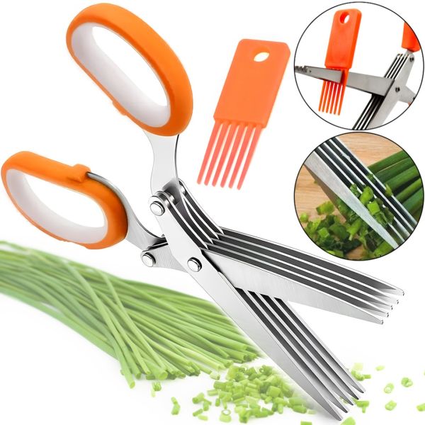 Кухонные ножницы для зелени Salad Scissors H-169 пятислойный измельчитель для нарезки и шинковки салата 5 мультилезвий с щеточкой для чистки 22 см
