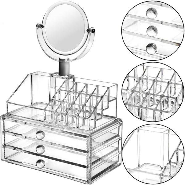 Desktop Acrylic organizer Cx-8702 with mirror for storing cosmetics and small items, compact desktop cosmetic box with drawers