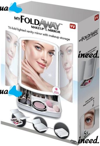 Desktop Triple Mirror with Magnification My Fold Away MA-17 Cosmetic Organizer for Storing Cosmetics and Battery-powered Makeup Backlight
