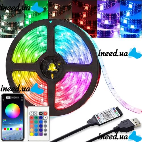 Світлодіодна USB стрічка 5 м з пультом Rope-Lights SMD5050 IP65 різнокольорова неонова гнучка c RGB контролером у силіконі Чорна SMD-5050 5м