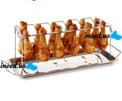 Підставка для приготування курячих ніжок A-Plus Barbecude KF-0982 універсальна стійка з піддоном для духовки та гриля, решітка з нержавіючої сталі