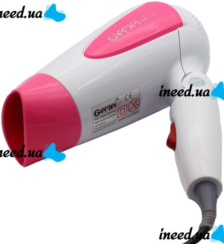 Складаний дорожній фен GEMEI GM-1756 Pink портативний для укладання і сушіння волосся зі збірною ручкою, насадкою і терморегулятором 1200W Рожевий