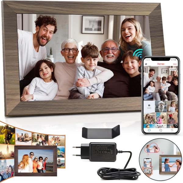 Цифровая акриловая фоторамка Photo Frame Frameo 10.1" 16 ГБ с Wi-Fi сенсорным IPS экраном умная электронная рамка для фото видео с часами Коричневая