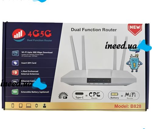 Dual Function B828 4G/5G 300Mbps Dual Function B828 4G/5G Wireless LTE Router with SIM Card Slot, Rechargeable Wi-Fi Router up to 300Mb/s 4 External Antennas