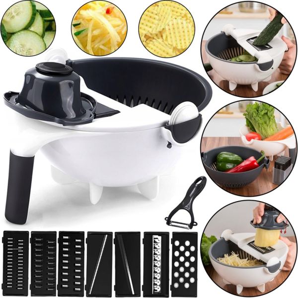 Vegetable Slicer Wet Basket Vegetable Cutter 9 in 1 set of nozzles for slicing vegetables and fruits, manual rotating grater-vegetable slicer multi-slicer with basket