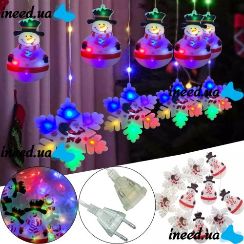Внутренняя RGB гирлянда штора Xmas 3D фигурки снеговика и снежинки Мультицветная 3x0.7м 95Led M, Новогодняя 300x70 см на окно дома ргб от сети