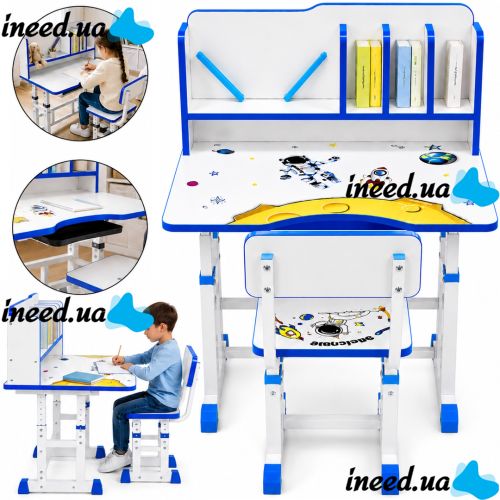 Bambi JU-5129 Convertible Children's Desk and Chair Set—Height-Adjustable Desk and Chair with Shelves and Backpack Holder, 26X-156, Blue