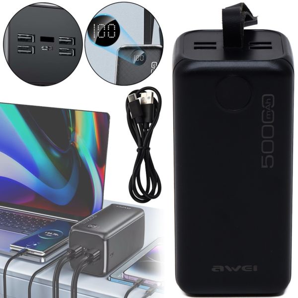 Внешний аккумулятор повербанк Power Bank Awei P114K 50000 mAh 22.5W портативное зарядное устройство для телефона с быстрой зарядкой и дисплеем 4 USB 