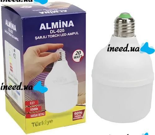 Аварийная светодиодная LED лампа Almina DL-020 с цоколем E27 и встроенным аккумулятором 20W 6500K энергосберегающая перезаряжаемая лампочка DL020