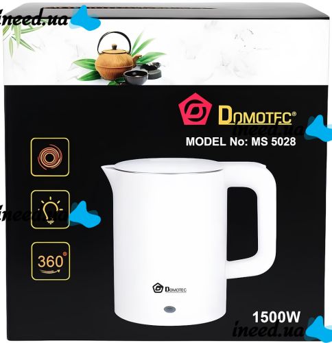 Electric kettle Domotec MS-5028 1.8 liter tabletop disk electric kettle Domotec 1500W with operation indicator and auto unplugging White