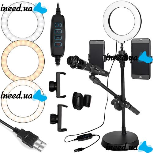 Кільцева LED лампа Phone Stand Youtuber HA - 12 селфи лампа 16 см настільний штатив з підставкою для мікрофона і двома тримачами для телефону від USB
