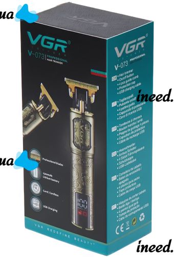 Акумуляторна машинка для стрижки волосся VGR V-073 бездротовий чоловічий окантовочний USB тример для бороди та вусів зі змінними насадками та дисплеєм