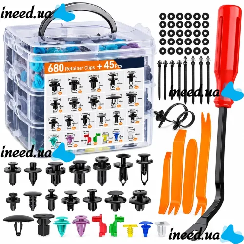 OEM H546 Set of Clips for Auto Trim—725-Piece Set of Removers for Fan Blades, Mounts, Seals, and Clamps in a Plastic Case for Repair and Installation
