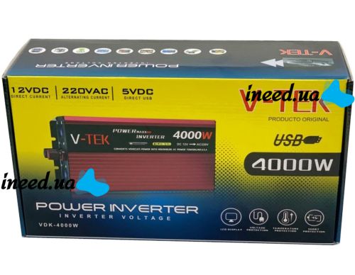 Автомобильный инвертор V-TEK VDK-4000W 12V-220V С LED-экраном и usb разъемом, Авто преобразователь напряжения тока от прикуривателя и аккумулятора