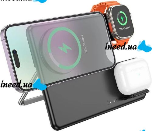 Wireless Charger Hoco Qi Geek Folding Black 3 in 1 Magnetic Charging Magsafe for Phone and Headphones IOS Android Type-C CQ1 Black