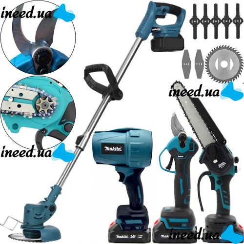 Набір електроінструментів Makita 24V 4в1 акумуляторний секатор DUP365, пила DUC155Z і газонокосарка UR100DZ, повітродувка DAS180Z з 2 акумуляторами