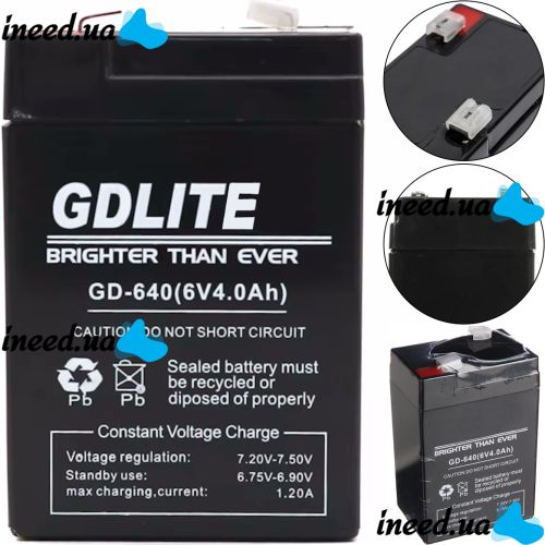 Универсальный свинцово-кислотый аккумулятор GDLITE GD-640 6V 4Ah для весов и фонарей, Аккумуляторная батарея GDLiting 6В 4Ач для бесперебойника