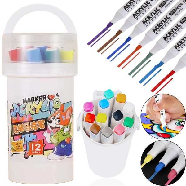 Профессиональный набор скетч маркеров Creative Acrylic Marker 12 шт для рисования в ведре, Акриловые маркеры фломастеры линеры 12шт AND635-12 цветов