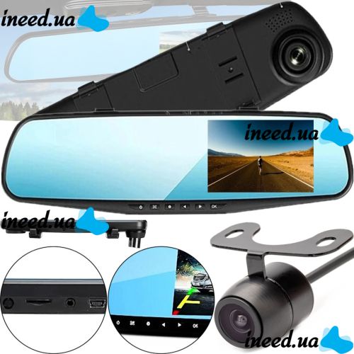 Автомобильный видеорегистратор зеркало LCD Full HD DVR-138W 4.3" дюйма с камерой заднего вида, Авторегистратор на 2 камеры угол обзора 170 градусов