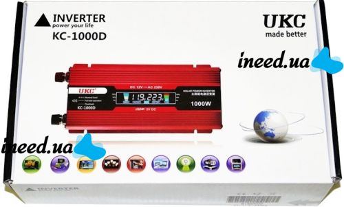 Автомобильный инвертор UKC 12V-220V 1000W KC-1000D авто преобразователь напряжения тока с LCD дисплеем от прикуривателя, аккумулятора с экраном